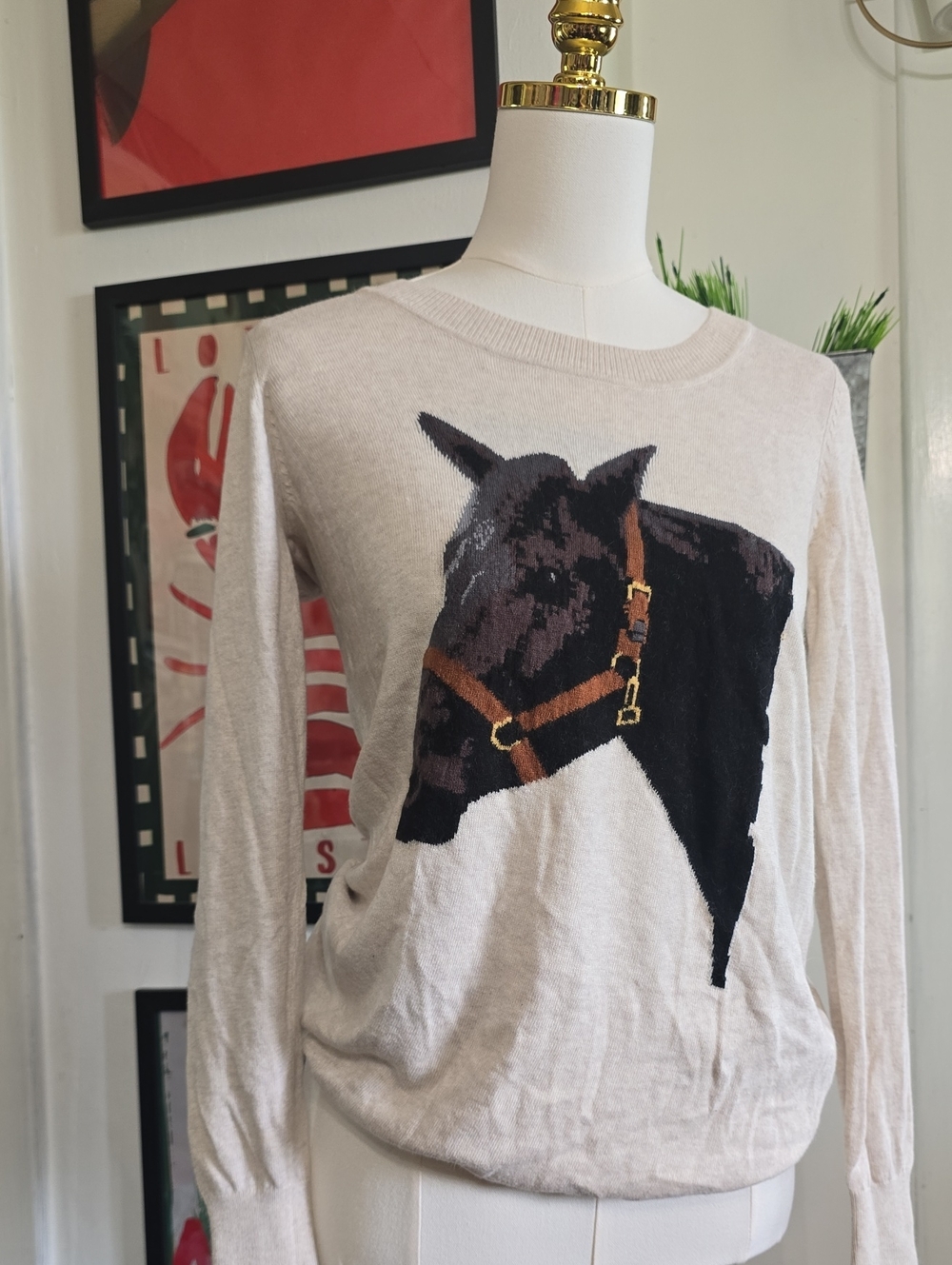 H&M Beige Horse Sweater with Black & Brown Horse Graphic Xs